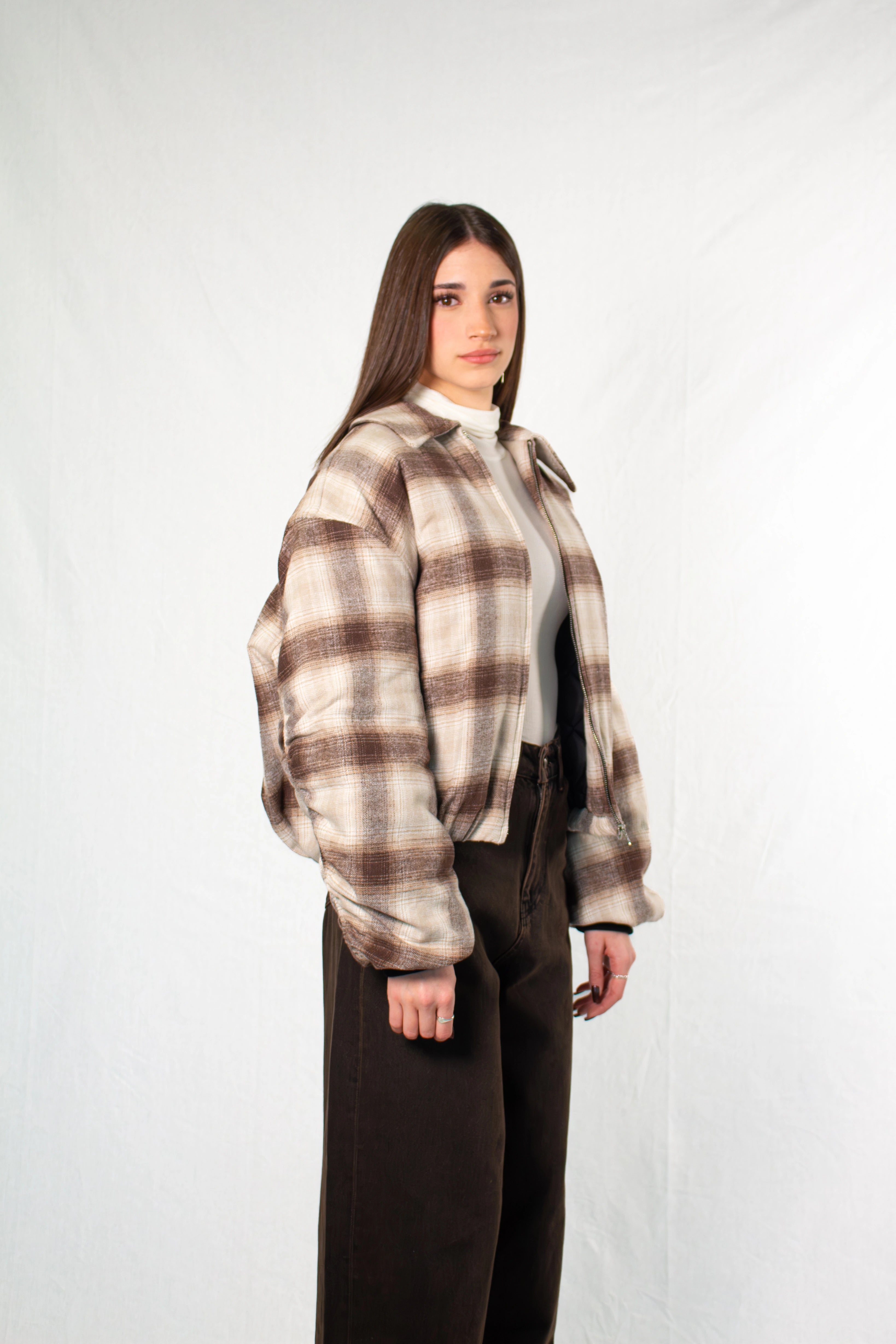 Bomber Cream & Brown Plaid