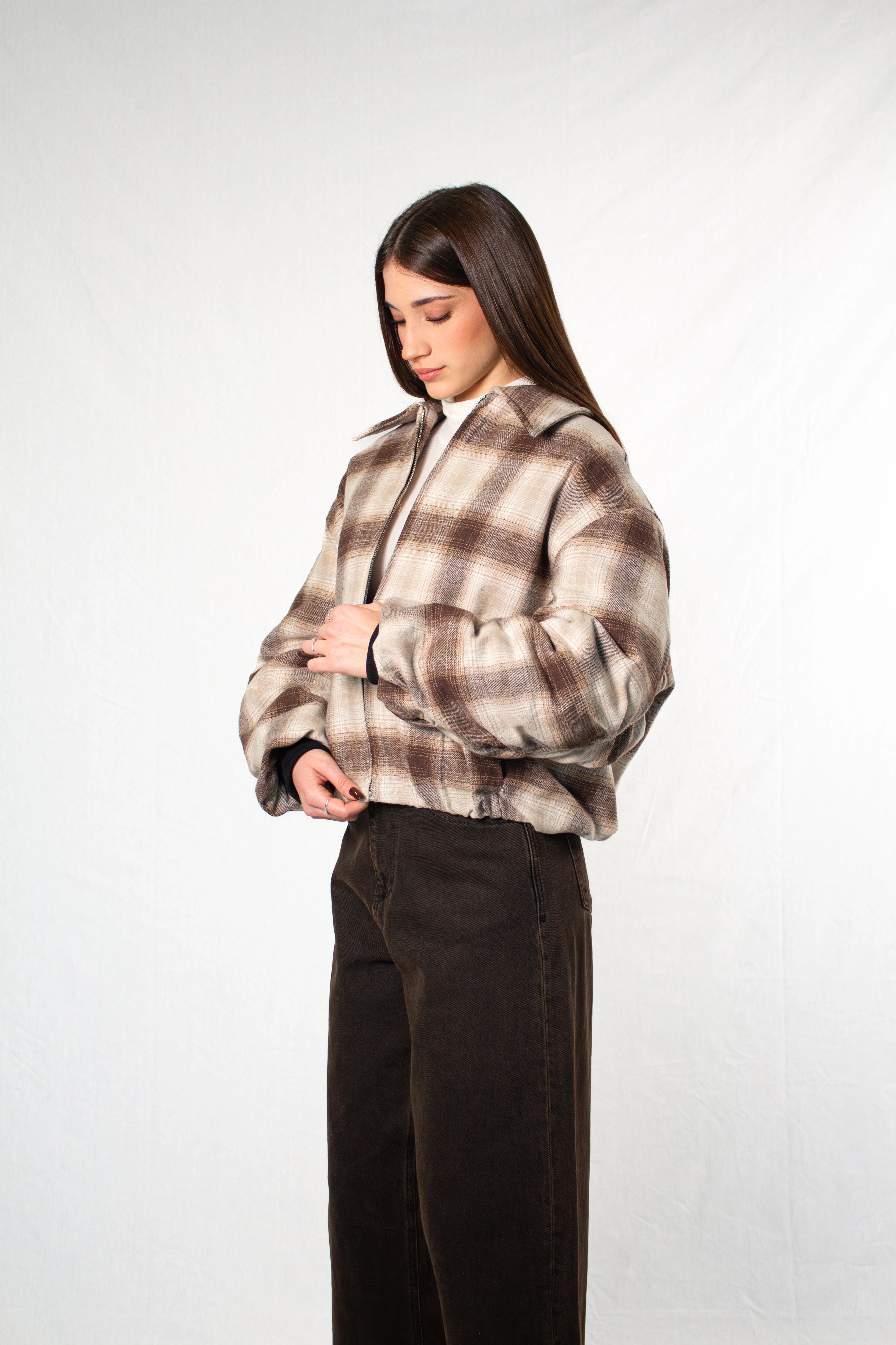 Bomber Cream & Brown Plaid